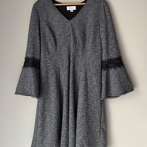 Elle Fit Flare Midi Knit Lace Long Sleeve Flare Black White Dress